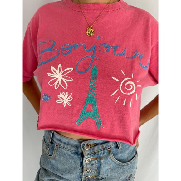 90s vintage pink bonjour paris travel souvenir cotton cropped tee shirt crop top - Picture 7 of 9